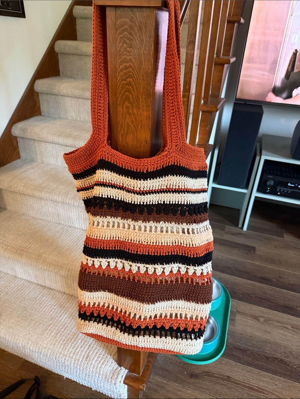 PacSun Striped Crochet Tote Bag in Rust, Brown & Cream